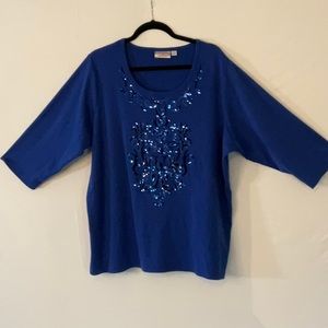 Quacker Factory 2X royal blue knit top with sequin design on front. 3/4 sleeves.